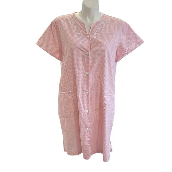 Miss Elaine Size 2X Cotton Check Short Sleeve Snap Front Robe Pink Granny Core - Picture 1 of 9